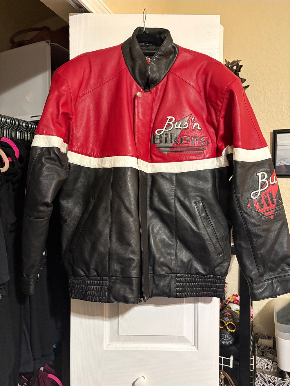 VINTAGE Red & Black Leather Bomber Jacket for Men VIKING WORLDWIDE INC